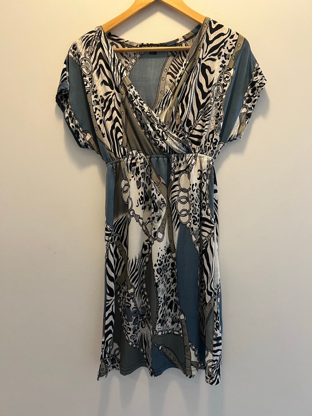 Short Sleeve V-Neck Tunic Dress Silver Blue Zebra Size Small JL